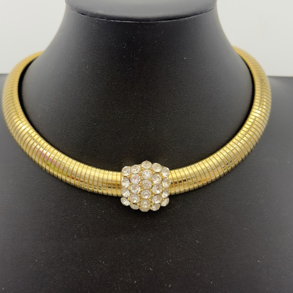 Vintage 80s Tubogas Gold Tone Necklace Pave Rhinestone Cluster Statement